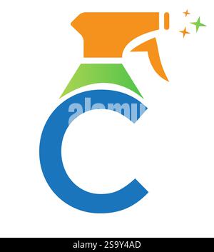 Initial Letter C House Cleaning Logo Konzept mit Hygiene Sprays Symbol Stock Vektor