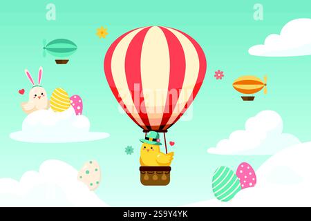 Der Weihnachtsmann fliegt im Heißluftballon. Festliches Poster für Osterdesign. Vektorabbildung. Stock Vektor
