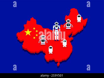 Roboter stehen auf china-Karte. Das Konzept des Generativen Krieges der künstlichen Intelligenz. Vektorabbildung Stock Vektor
