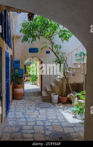 Jaffa, Israel - 10. Mai 2024: Blick auf eine typische Gasse in der Altstadt von Jaffa, heute Teil von Tel-Aviv-Yafo, Israel Stockfoto