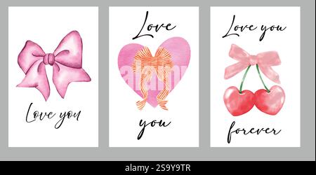Aquarell valentinstag Liebe Sie Vektorkarte mit Herz und Bogen Illustration, kreatives Konzept der Happy Valentinstag Karten Set. Moderne abstrakte Kunst des Stock Vektor