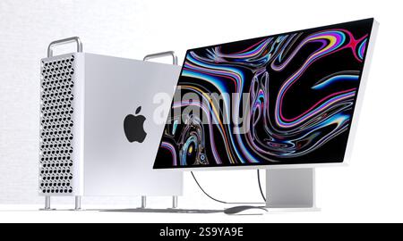 Apple pro Collection Pro Display XDR, Mac Pro, Tastatur und Maus Stockfoto