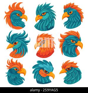 Vektorsammlung farbenfroher Vogelporträts. Set Papageienköpfe im Fantasy-Stil. Handgezeichnete Aras isoliert vom Hintergrund. Stock Vektor