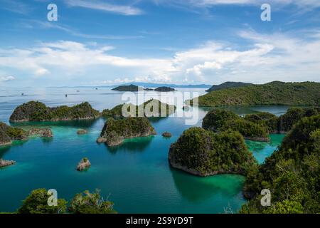 Aus der Vogelperspektive auf die üppig grünen Pianemo-Inseln in türkisfarbenem Wasser, mit Booten und fernen Inseln unter klarem Himmel, Fam-Inseln, Waigeo, Raja Ampat, West Stockfoto