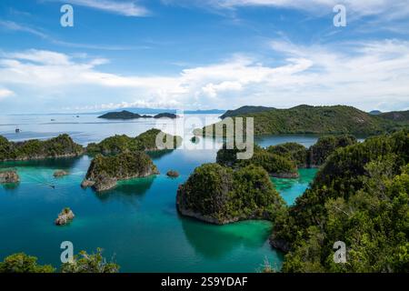 Aus der Vogelperspektive auf die üppig grünen Pianemo-Inseln in türkisfarbenem Wasser, mit Booten und fernen Inseln unter klarem Himmel, Fam-Inseln, Waigeo, Raja Ampat, West Stockfoto