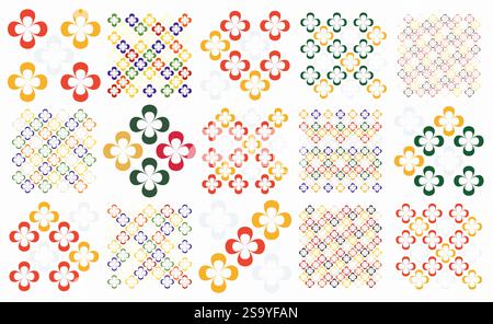 Set aus nahtlosen linearen Mustern mit bunten Blumenformen auf hellem Hintergrund. Inspirierte Designs für Mode, Textilien, Wohnkultur und Druck. Stock Vektor