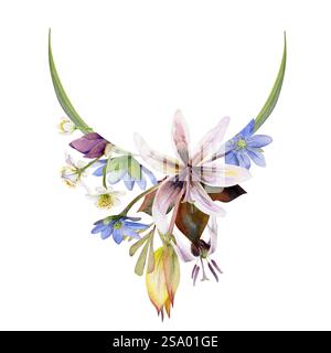 Frühlingsblumen, gelbe Tulpe, Kitzforelle Lilie, weiße Waldanemone Kerze, blaue hepatica Vergissmeinnot, Aquarell handgezeichnet. Girlande Kranz Stockfoto