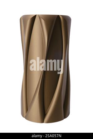 Isoliert auf weißem Hintergrund braunem Kunstobjektvase gedruckt auf 3D-Drucker aus geschmolzenem braunem Kunststoff. 3D-Druckrecycling mit fortschrittlicher Technologie Stockfoto