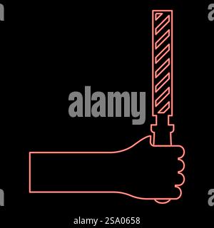 Neonfeile Werkzeug in der Hand Metall Raspel im Arm Verwenden Sie manuelle Instrumentausrüstung für Tischlerei Arbeit rote Farbe Vektor Illustration Bild flache Art Licht. Neonfeile Werkzeug in der Hand Metall Raspel im Arm Verwenden Sie manuelle Instrumentausrüstung für Tischlerei Arbeit rote Farbe Vektor Illustration Bild flache Art Stock Vektor