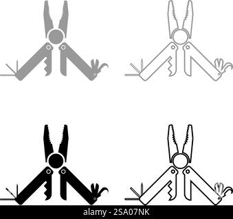 MultiTool Multifunktions-Instrument mit Zange Säge Messer Rasierer Hexaeder Öffner Ahle Utility Mehrzweck-Werkzeug Camping Kit Tasche Set Symbol grau schwarz Farbe Vektor Illustration Bild einfache Vollfüllung Kontur Linie dünne flache Art. MultiTool Multifunktions-Instrument mit Zange Säge Messer Rasierer Hexaeder Öffner Ahle Utility Mehrzweck-Werkzeug Camping Kit Tasche Set Symbol grau schwarz Farbe Vektor Illustration Bild Solid Füllung Kontur Linie dünn flach Stil Stock Vektor