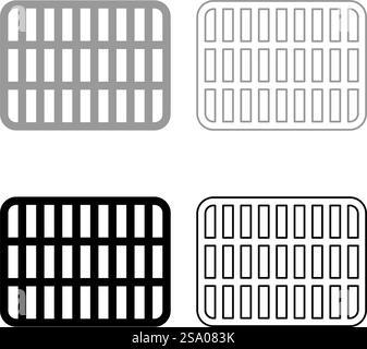 Gittergitter Gitter Gitter Gitter Gitter Gitter Gitter Grill Grillfläche Rechteck Form Rundheit Set Symbol grau schwarz Farbe Vektor Illustration Bild einfache Vollfüllung Kontur Linie dünn flach Stil. Gitter Gitter Gitter Gitter Gitter Gitter Gitter Grill Grillfläche Rechteck Form Rundheit Set Symbol grau schwarz Farbe Vektor Illustration Bild Solid Füllung Kontur Linie dünn flach Stil Stock Vektor