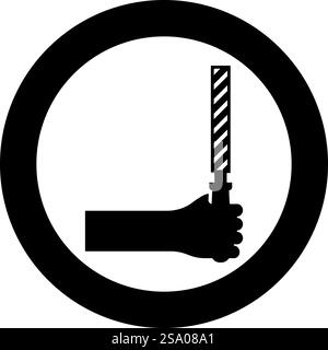Feile Werkzeug in der Hand Metall Raspel im Arm Verwenden Sie manuelle Instrumentausrüstung für Tischlerei Arbeit Symbol im Kreis rund schwarz Farbe Vektor Illustration Bild solide Umriss Stil einfach. Feile Werkzeug in der Hand Metall Raspel im Arm Verwenden Sie manuelle Instrumentausrüstung für Tischlerei Arbeit Symbol im Kreis Runde schwarze Farbe Vektor Illustration Bild solide Umrissart Stock Vektor