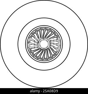Turbinenflugzeug Turbomaschine Jet Engine Flugzeugmotor Fan Flugzeug Symbol im Kreis rund schwarz Farbe Vektor Illustration Bild Umriss Kontur Linie dünne Art einfach. Turbinenflugzeug Turbomaschine Jet Engine Flugzeug Motor Fan Flugzeug Symbol im Kreis rund schwarz Farbe Vektor Illustration Bild Umriss Kontur Linie dünne Stil Stock Vektor