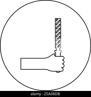 Feile Werkzeug in der Hand Metall Raspel im Arm Verwenden Sie manuelle Instrumentausrüstung für Tischlerei Arbeit Symbol im Kreis rund schwarz Farbe Vektor Illustration Bild Umriss Kontur Linie dünne Art einfach. Feile Werkzeug in der Hand Metall Raspel im Arm Verwenden Sie manuelle Instrumentausrüstung für Tischlerei Arbeit Symbol im Kreis rund schwarz Farbe Vektor Illustration Bild Umriss Kontur Linie dünne Art Stock Vektor
