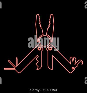 Neon multitool Multifunktionsinstrument mit Zange Säge Messer Rasierer Hexaeder Öffner Ahle Utility Mehrzweck Werkzeug Camping Kit Tasche rote Farbe Vektor Illustration Bild flache Art Licht. Neon multitool Multifunktionsinstrument mit Zange Säge Messer Rasierer Hexaeder Öffner awl Utility Mehrzweckwerkzeug Camping Kit Tasche rote Farbe Vektor Illustration Bild flache Art Stock Vektor