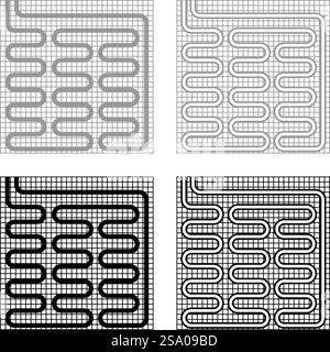Elektrische Fußbodenheizung warm beheizt Set Symbol grau schwarz Farbe Vektor Illustration Bild einfache Vollfüllung Umrisslinie dünne flache Art. Elektrische Fußbodenheizung warm beheizt Set Symbol grau schwarz Farbe Vektor Illustration Bild Solid füllen Umrisslinie dünn flach Stil Stock Vektor