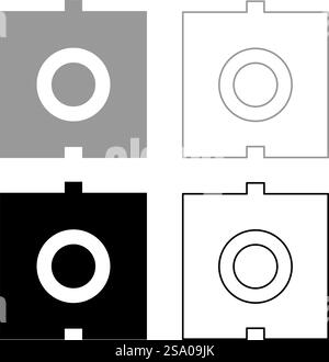 Optischer Steckverbinder Port Glasfaserkabel Laserstrahl Set Symbol grau schwarz Vektor Illustration Bild einfache Vollfüllung Kontur Linie dünn flach Stil. Optischer Steckverbinder Anschluss Glasfaserkabel Laserstrahl Set Symbol grau schwarz Vektor Illustration Bild Vollflächig füllen Kontur Linie dünn flach Stil Stock Vektor