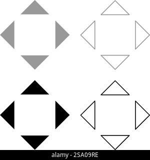 Vier Pfeile, die von der Mitte des Symbols zeigen, setzen Sie das Symbol grau schwarz Vektor-Illustration Bild einfach ausgefüllt Kontur Linie dünn flach. Vier Pfeile, die von der Mitte des Symbols zeigen, setzen Sie das Symbol Grau Schwarz Farbe Vektor-Illustration Bild durchgehend Füllen Kontur Linie dünn flach Stock Vektor