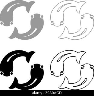 Fisch Goby zwei Bewegungen im Kreis Set Symbol grau schwarz Farbe Vektor Illustration Bild einfach ausgefüllt Kontur Linie dünn flach Stil. Fisch Goby zwei Bewegungen im Kreis Set Symbol grau schwarz Farbe Vektor Illustration Bild Vollflächig füllen Kontur Linie dünn flach Stil Stock Vektor
