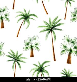 Nahtloses Muster mit grünen Palmen. Kokospalmen Clipart. Aquarell Hand gezeichnet Blumen Dschungel Illustration isoliert auf Hintergrund. Für Konstrukteure Stockfoto