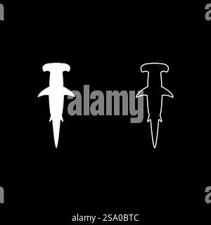 Hai Hammer Kopf Set Symbol weiß Farbe Vektor Illustration Bild einfache Vollfüllung Kontur Linie dünne flache Art. Hai Hammer Kopf Set Symbol weiß Farbe Vektor Illustration Bild Vollflächige Füllung Kontur Linie dünn flach Stil Stock Vektor