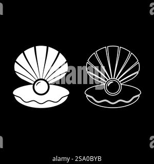 Perle in Muschel Shell mit perlisiert innen offen Set Symbol weiß Farbe Vektor Illustration Bild einfache Vollfüllung Kontur Linie dünn flach Stil. Perle in Muschel Shell mit perlisiert innen offen Set Symbol weiß Farbe Vektor Illustration Bild Vollfüllung Umriss Kontur Linie dünn flach Stil Stock Vektor