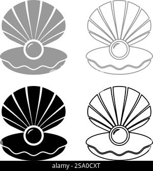 Perle in Muschel Shell mit perlisiert innen offen Set Symbol grau schwarz Farbe Vektor Illustration Bild einfache Vollfüllung Kontur Linie dünn flach Stil. Perle in Muschel Shell mit perlisiert innen geöffnetes Set Symbol grau schwarz Farbe Vektor Illustration Bild Solid Füllung Kontur Linie dünn flach Stil Stock Vektor