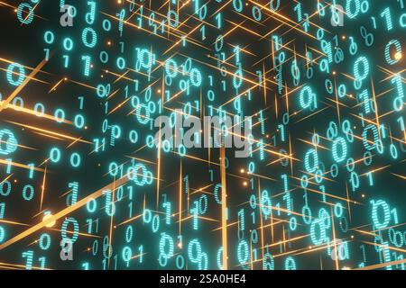 Neon leuchtende Binärzahl Null und eins in einem unsichtbaren Würfel, der von partiellen orangen Linien umrahmt wird. Computing, Netzwerke, Elektronik und KI Stockfoto