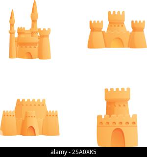 Sandburg-Ikonen setzen Cartoon-Vektor. Verschiedene Sandburg mit Turm. Badeurlaubskonzept. Sandburg-Ikonen setzen Cartoon-Vektor. Verschiedene Sandburg mit Turm Stock Vektor