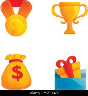 Symbole für Erfolge setzen den Cartoon-Vektor. Auszeichnung, Trophäenbecher, Goldmedaille und Geldbeutel. Treueprogramm, Marketing. Symbole für Erfolge setzen den Cartoon-Vektor. Verleih den Pokal mit Goldmedaille und Geldbeutel Stock Vektor