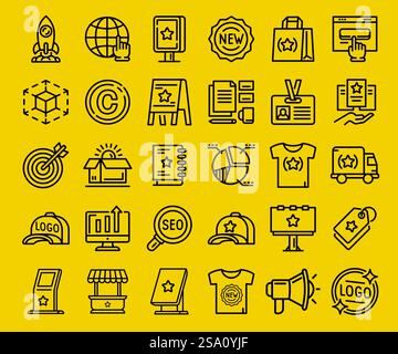 Branding-Symbole setzen eine dünne Linie. Illustration von Branding-Symbolen Vektorkontur für jedes Design. Branding-Symbole setzen eine dünne Linie Stock Vektor