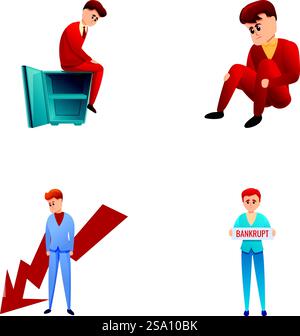 Konkurs Mann Icons setzen Cartoon Vektor. Verärgerter Geschäftsmann ohne Geld. Krise, Konkurs, Verlust. Konkurs Mann Icons setzen Cartoon Vektor. Verärgerter Geschäftsmann ohne Geld Stock Vektor