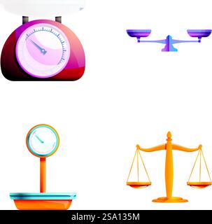 Verschiedene Skalensymbole legen den Cartoonvektor fest. Industrielle und manuelle Waage. Wiegen, Messen. Verschiedene Skalensymbole legen den Cartoonvektor fest. Industrielle und manuelle Waage Stock Vektor
