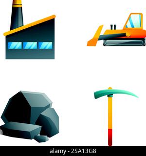 Ikonen der Kohleindustrie setzen Cartoonvektor. Kohlebergbau-Ausrüstung. Bergbauindustrie. Ikonen der Kohleindustrie setzen Cartoonvektor. Kohlebergbau-Ausrüstung Stock Vektor