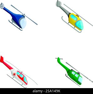 Rotorcraft-Symbole setzen Cartoon-Vektor. Ziviler und militärischer Hubschrauber. Rotorboot, Luftverkehr. Rotorcraft-Symbole setzen Cartoon-Vektor. Ziviler und militärischer Hubschrauber Stock Vektor
