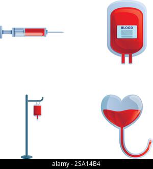 Blutspende-Symbole setzen Cartoon-Vektor. Tropfer, Spritze und medizinischer Blutbeutel. Medizin und Gesundheitskonzept. Blutspende-Symbole setzen Cartoon-Vektor. Tropfspritze und medizinischer Blutbeutel Stock Vektor