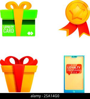 Symbole für Treueprogramme setzen Cartoon-Vektor. Medaille, Geschenkbox und Smartphone. Marketing, Business. Symbole für Treueprogramme setzen Cartoon-Vektor. Medaillen-Geschenkbox und Smartphone Stock Vektor
