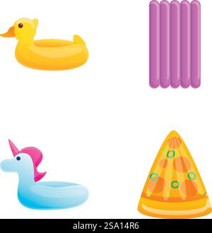 Aufblasbare Spielzeugsymbole setzen Karikaturvektor. Aufblasbare Matratze und Kreis. Strandurlaub, Sommer. Aufblasbare Spielzeugsymbole setzen Karikaturvektor. Aufblasbare Matratze und Kreis Stock Vektor