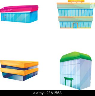 Supermarkt-Symbole setzen Cartoon-Vektor. Verschiedene Supermarktgebäude draußen. Einkaufskonzept im Einzelhandel. Supermarkt-Symbole setzen Cartoon-Vektor. Verschiedene Supermarktgebäude draußen Stock Vektor