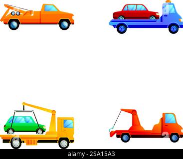 Symbole für den Abschleppwagen setzen den Karikaturvektor. Verschiedene Arten von Abschleppwagen. Evakuierung in den Strafraum. Symbole für den Abschleppwagen setzen den Karikaturvektor. Verschiedene Arten von Abschleppwagen Stock Vektor