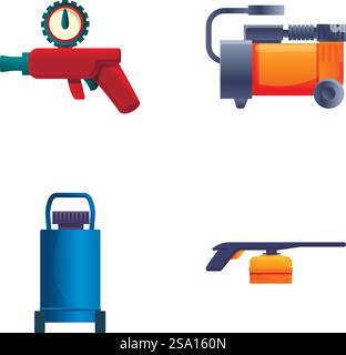 Hin- und herbewegende Kompressorsymbole setzen den Cartoon-Vektor. Hochdruck-Luftkompressor. Industrieanlagen. Hin- und herbewegende Kompressorsymbole setzen den Cartoon-Vektor. Hochdruck-Luftkompressor Stock Vektor