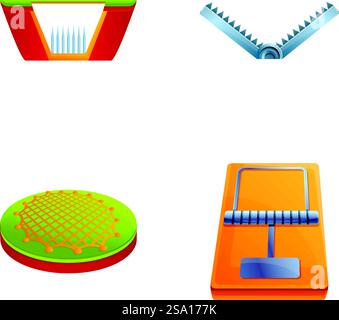 Tierfallen-Symbole setzen Cartoon-Vektor. Verschiedene Arten von Tierfallen. Unterbringung zum Fangen und Halten von Tieren. Tierfallen-Symbole setzen Cartoon-Vektor. Verschiedene Arten von Tierfallen Stock Vektor