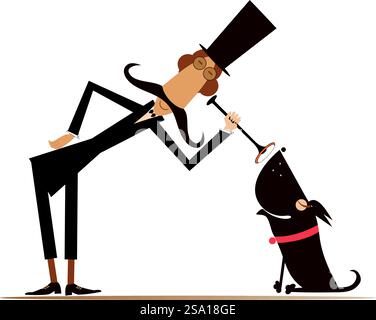 Männlicher Tierarzt, der einen Hund untersucht. Lustiger langer Schnurrbart-Mann im Oberhut, der einen lächelnden Hund mit Endoskop untersucht Stock Vektor