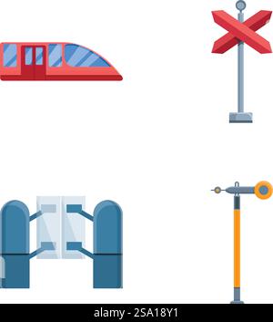 Eisenbahnverkehrssymbole setzen Cartoon-Vektor. Zug, Semaphor und Barriere. Moderne öffentliche Verkehrsmittel. Eisenbahnverkehrssymbole setzen Cartoon-Vektor. Semaphor und Barriere trainieren Stock Vektor