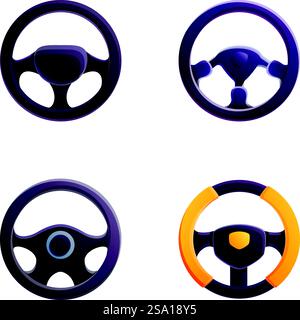 Lenkradsymbole legen den Cartoon-Vektor fest. Anderes Auto-Lenkrad. Auto-Teil zur Steuerung von Antrieb und Wende. Lenkradsymbole legen den Cartoon-Vektor fest. Anderes Auto-Lenkrad Stock Vektor