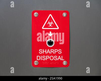 Spitzes Entsorgungsloch und Schild in der öffentlichen Parktoilette im Riverside County, Kalifornien. Stockfoto