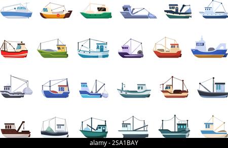Fisher-Schiff-Symbole setzen Cartoon-Vektor. Seewasserboot. Fisch und Meeresfrüchte. Fisher-Schiff-Symbole setzen Cartoon-Vektor. Seewasserboot Stock Vektor