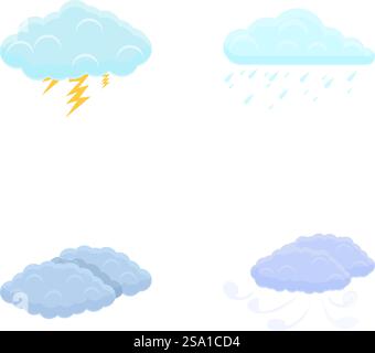 Wetter-Symbole setzen Cartoon-Vektor. Verschiedene Wolken mit Regen, Gewitter und Wind. Meteorologie, Wetterbedingungen. Wetter-Symbole setzen Cartoon-Vektor. Verschiedene Wolken mit Regenwetter und Wind Stock Vektor