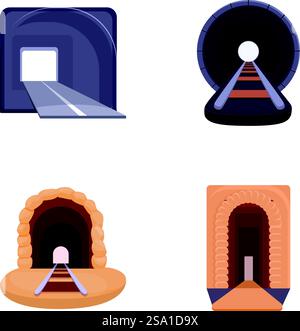 Tunnelsymbole setzen den Cartoon-Vektor. Inneres der Gehweg-Tunnelstraße. Infrastrukturkonzept. Tunnelsymbole setzen den Cartoon-Vektor. Inneres der Gehweg-Tunnelstraße Stock Vektor