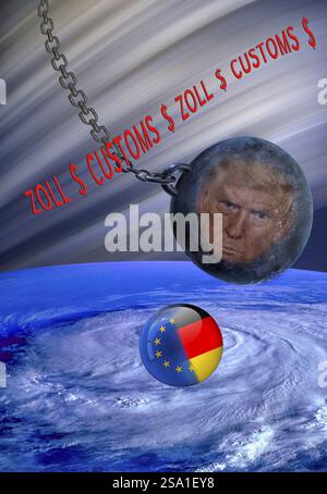 Symbolisches Image, EU und Deutschland in einem politischen Hurrikan, Donald Trump, Zolldrohungen, Elon Musk, Mark Zuckerberg, soziale Netzwerke, Fake News, Hass Stockfoto